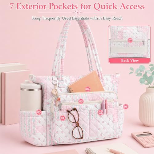WOBAGMEN Teacher Tote Bag for Women, Quilted Floral Laptop Work Tote - Image 2