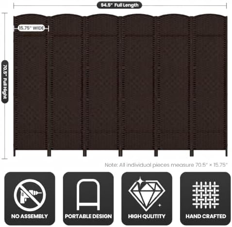 6 Panel Folding Room Divider, Woven Privacy Screen - Image 3