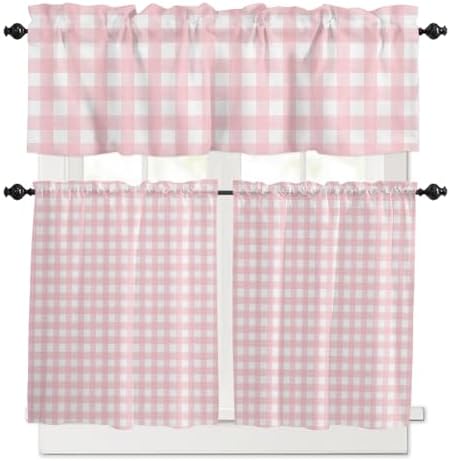 Christmas Kitchen Curtains and Valances Set, Rustic Pink White Buffalo Check by VandarllinHomeKitchenDecor