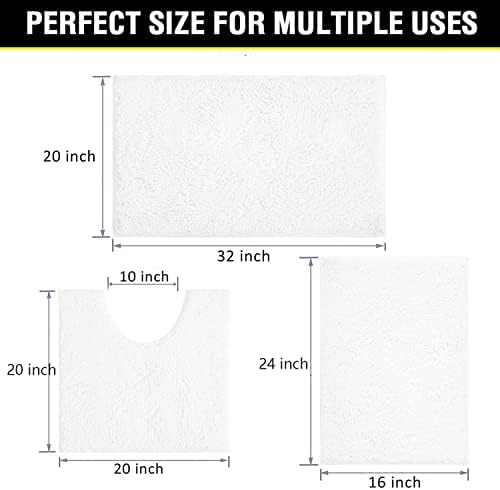 White Bathroom Rugs Chenille 3-Piece Extra Soft and Absorbent Shag White Bath - Image 2