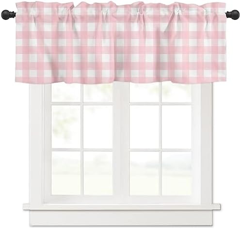 Christmas Valance Curtains for Kitchen Windows Rustic Pink White Buffalo Check by VandarllinHomeKitchenDecor