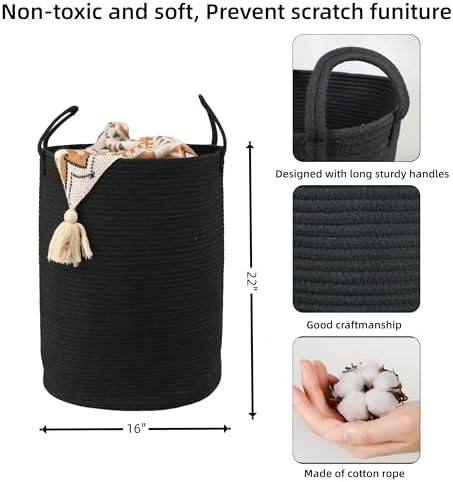 Woven Cotton Rope Laundry Basket Hamper 16" x 22" Large Black - Image 2