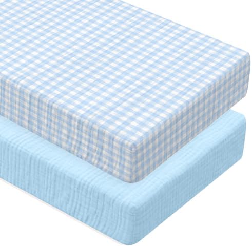 Breling 2 Pcs Muslin Blue and Blue Gingham Crib Sheets by Breling