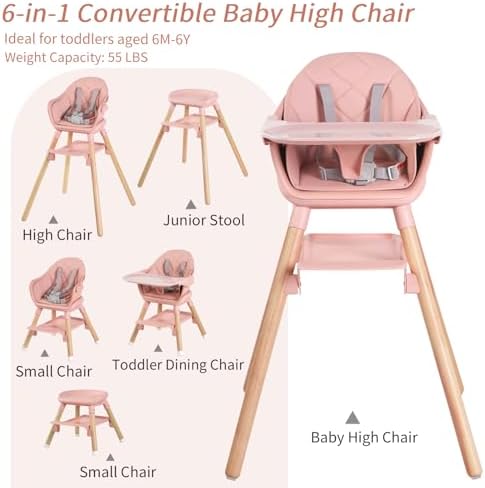 6 in 1 Baby High Chair, Convertible Wooden Baby Girl High Chair - Image 4