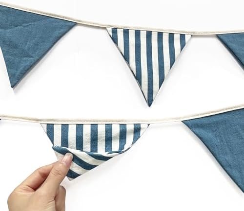 2 Sets Blue Pennant Banner Flags 24Pcs Blue Plaid Striped Garland Linen Fabric - Image 7
