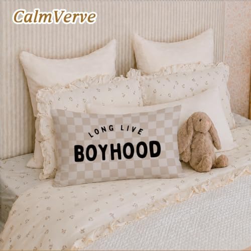 Boys Room Decor 12x20 Pillow Cover, Long Live Boyhood Retro Neutral Checkered - Image 6