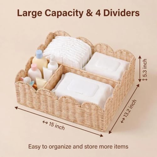 Rattan Diaper Caddy with Divider, Wicker Scalloped Baby Basket - Image 3