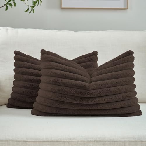 FUTEI Pack of 2 Faux Fur Throw Pillow Covers 12x20 Inch, Dark Coffee by FUTEI
