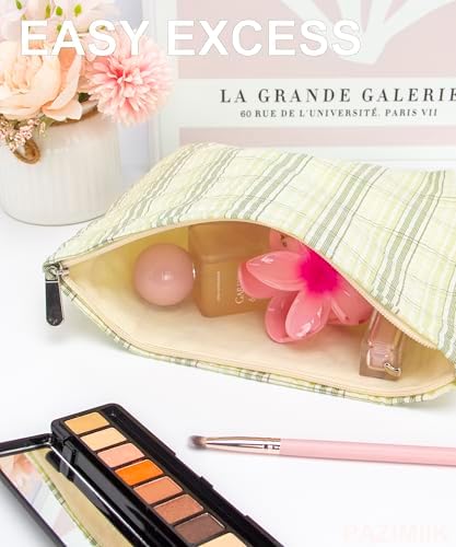 Flat Makeup Bag for Women, Zipper Cosmetic Pouch for Purse, Plaid Green - Image 2