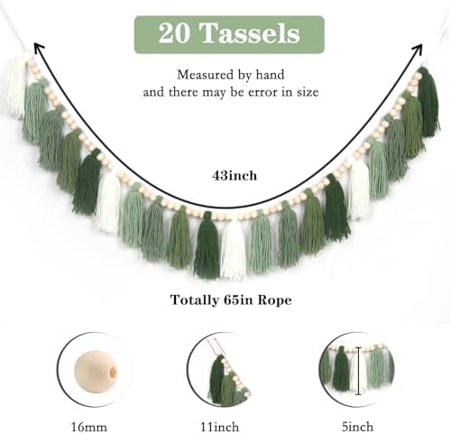Green Boho Yarn Tassel Garland Sage Green Garland Wall Hanging Decor Forest - Image 3