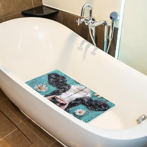 Shower Mat Non Slip 26.8 x 15.1 Inches, Cow Daisy on Teal Plank Bathtub Mat - Image 5