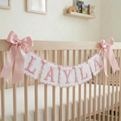 Custom Embroidered Baby Banner, Personalized Baby Name Banner, Scallopped Bow by MeMate