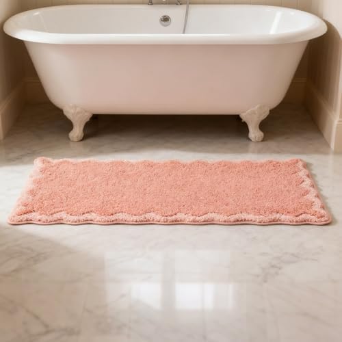 ORTIGIA Cute Coral Pink Scalloped Bath Mat, Fun Plush Microfiber Scallop by ORTIGIA