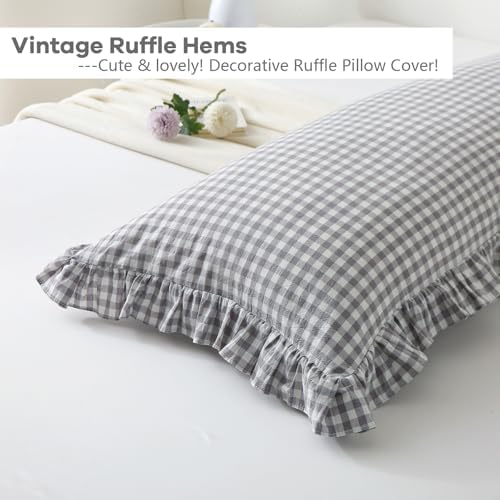 Grey White Gingham Ruffle Body Pillow Cover 20"x54" - Image 4
