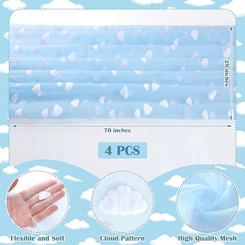 4 Pcs Blue White Cloud Table Runner 29x70 Inch Tulle Flocking - Image 3