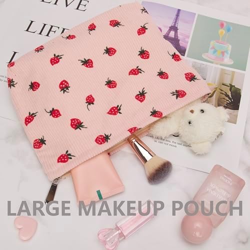 Flat Makeup Bag for Women, Zipper Cosmetic Pouch for Purse, Strawberry Pink - Image 6