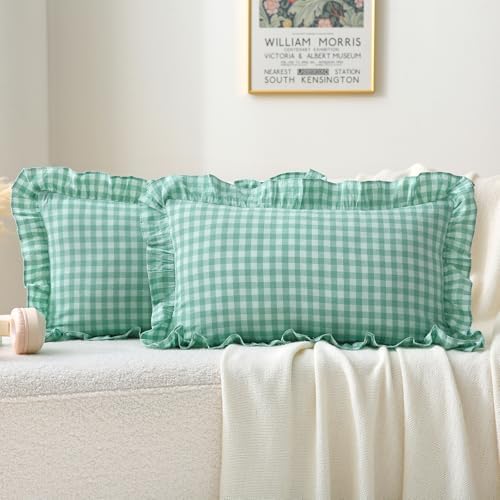 2 Pack Spa Blue Gingham Lumbar Throw Pillow Shams 12''x20'' by KMASANIJI