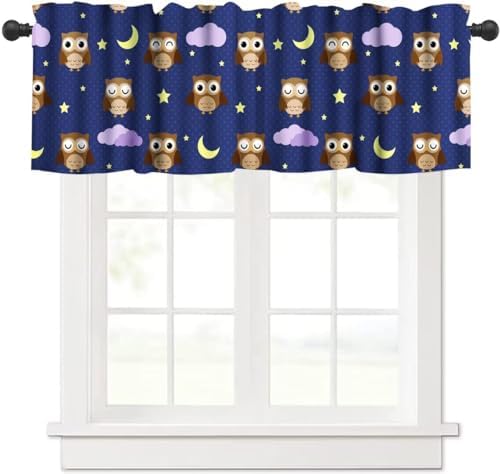 Cute Owls Valance Curtains for Window, Cartoon Animal Navy Blue Rod Pocket by DDCBNS