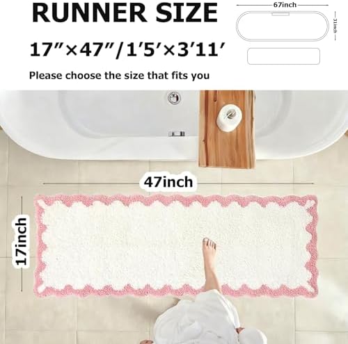 ORTIGIA Long Cute Scalloped Bathroom Rugs Runner, Fun White and Pink Plush - Image 2