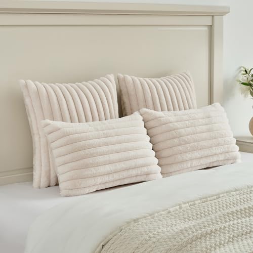 FUTEI Pack of 2 Faux Fur Throw Pillow Covers 22x22 Inch, Light Beige - Image 5
