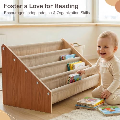 Toddler Bookshelf 4 Tier Solid Wood Montessori Nursery Book Organizer Kids - Image 6