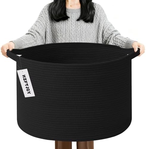 90L Extra Large Blanket Basket, Woven Rope Laundry Basket-Black by HZFTJOY