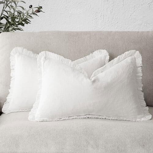 Foindtower Decorative Linen Fringe Lumbar Throw Pillow Covers 12×20 White by Foindtower