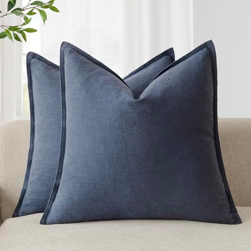 Foindtower Linen Solid Decorative Throw Pillow Covers 22x22 Inch Navy Blue by Foindtower