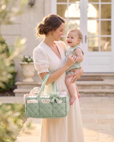 Blissful Diary Baby Diaper Caddy Organizer, Nursery Basket, Bow Sage Green - Image 7