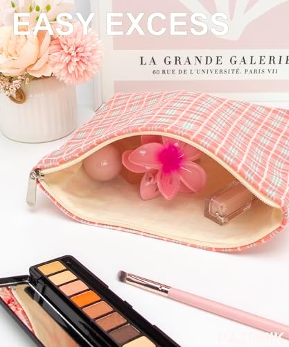 Flat Makeup Bag for Women, Zipper Cosmetic Pouch for Purse, Check Red - Image 2