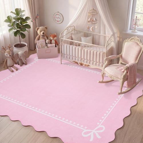 Garvee Scalloped Bow Rug Pink Washable Solid 4x6 Area Rugs by Garvee