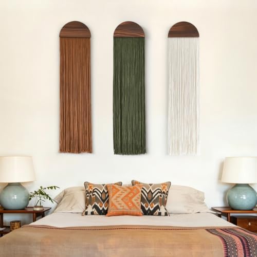3pcs Macrame Wall Hanging Woven Wall Decor Brown Green Ivory 10"W*40"L - Image 2