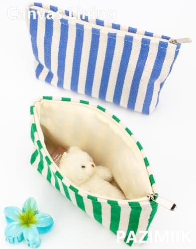 Flat Makeup Bag for Women, Zipper Cosmetic Pouch for Purse, Stripe Green - Image 7