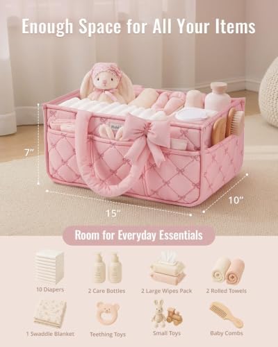 Blissful Diary Baby Diaper Caddy Organizer, Nursery Basket, Bow Light Pink - Image 4