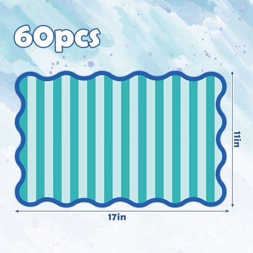 JarThenaAMCS 60 Pcs Blue Green Striped Paper Placemats Scalloped Edge Table - Image 2