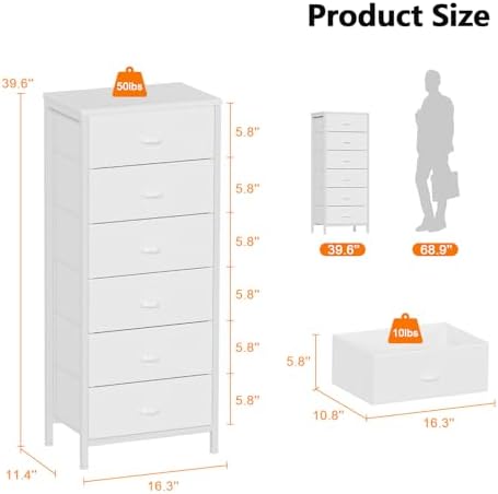 Furnulem White Dresser for Bedroom, 6 Fabric Drawers Chest of Drawers - Image 3