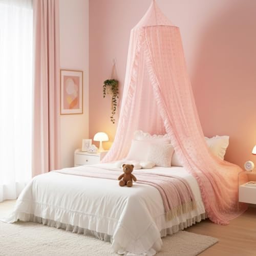Mengesi Bed Canopy with Pom Pom- Lace Chiffon Canopy Bed Curtains, Ruffles - Image 2