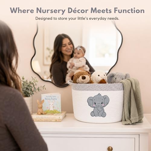 Elephant Baby Storage Basket, Woven Cotton Rope Nursery Bin, 15x11 in - Image 5