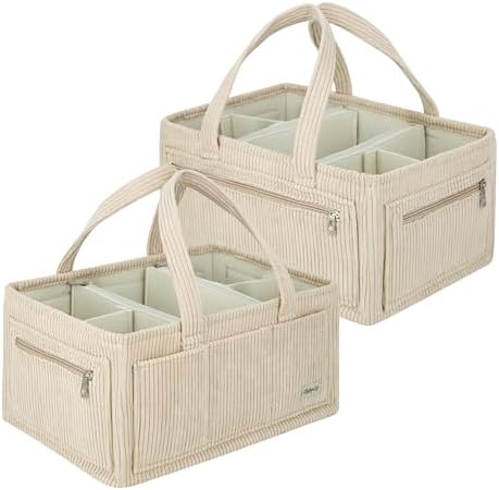 Diaper Caddy Organizer Beige Corduroy Nursery Storage Basket - Image 4