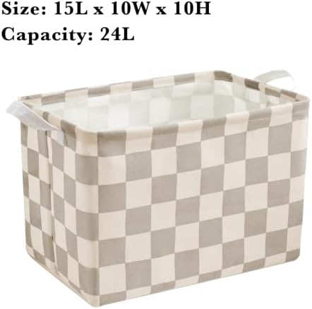 Ohocut Beige Khaki Checkered Canvas Basket, Rectangular Organizing Decorative - Image 6