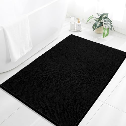 Chenille Bathroom Rug 40"x60" Black, Large Plush Bath Mat by Kildoss