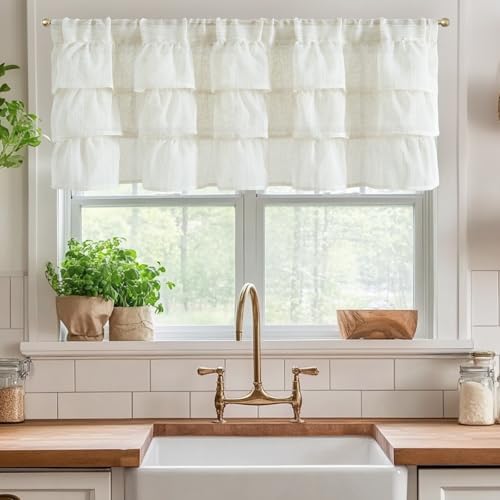 jinchan Ruffled Valance Curtain 18 Inch Farmhouse Sheer 1 Panel Off White - Image 2