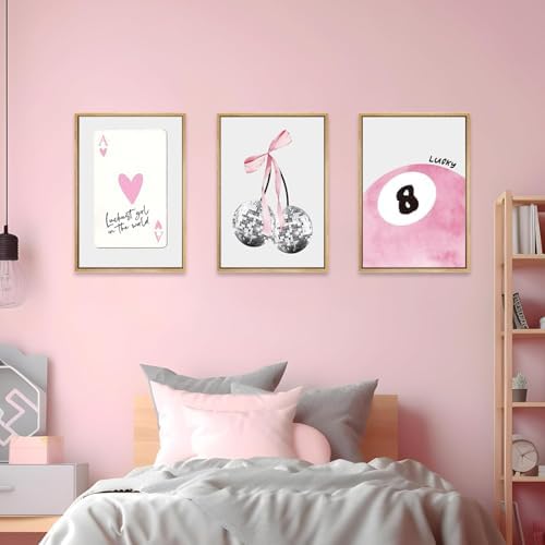 JBZZD Pink Coquette Canvas Wall Art Set of 3 Trendy Preppy Disco 8 Ball Cherry - Image 4