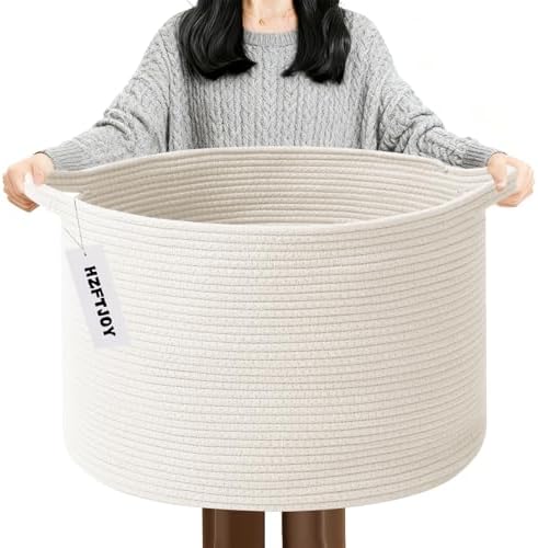 90L Large Blanket Basket, Rope WovenLaundry Basket-White by HZFTJOY