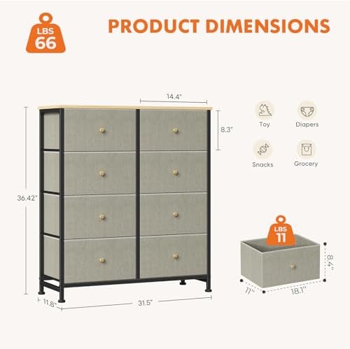 Sweetcrispy 8 Drawer Fabric Dresser, Tall Storage Tower - Image 3