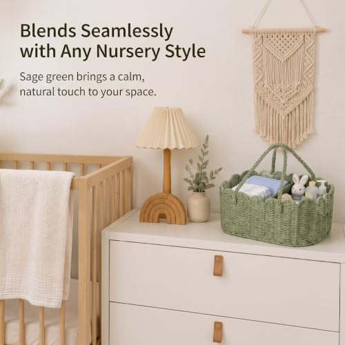 Handwoven Rattan Diaper Caddy Organizer Sage Green Scalloped Basket - Image 3