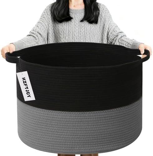 90L Extra Large Blanket Basket, Woven Laundry Basket-Black&Dark Grey by HZFTJOY