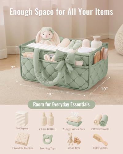 Blissful Diary Baby Diaper Caddy Organizer, Nursery Basket, Bow Sage Green - Image 4