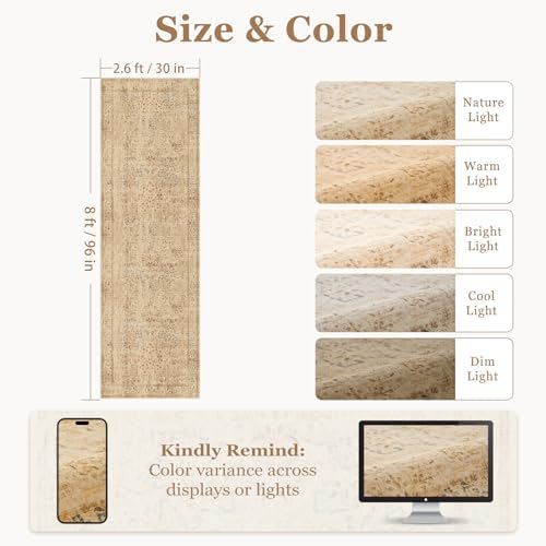 Neutral Tan 2.6x8 Runner Rug for Entryway Non Slip, Low Pile Thin Washable - Image 2