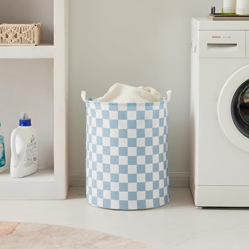 Ohocut Blue Checkered Laundry Basket, Collapsible Aesthetic Cute Canvas - Image 3